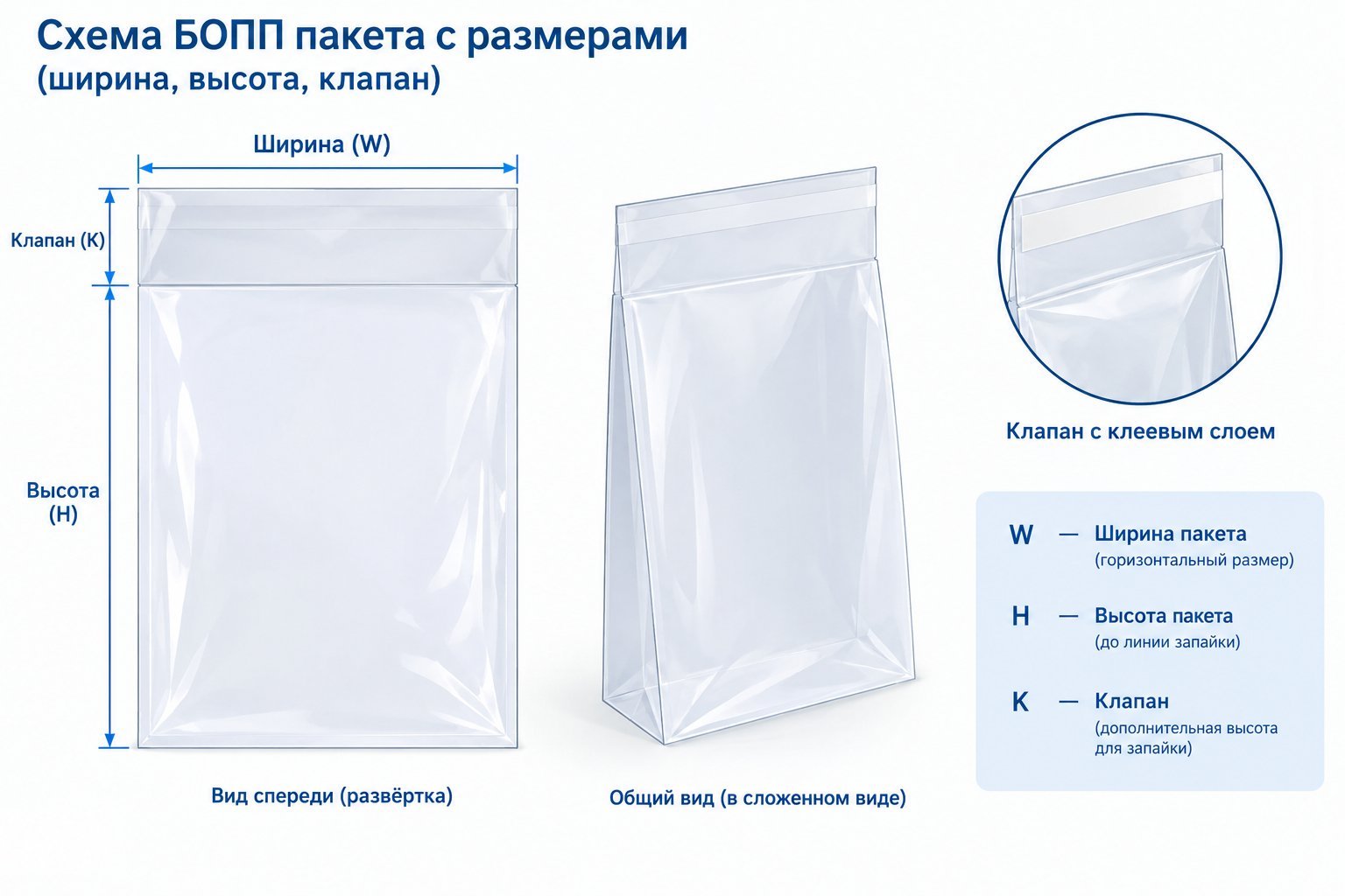 схема БОПП пакета с размерами ширины высоты и клапана