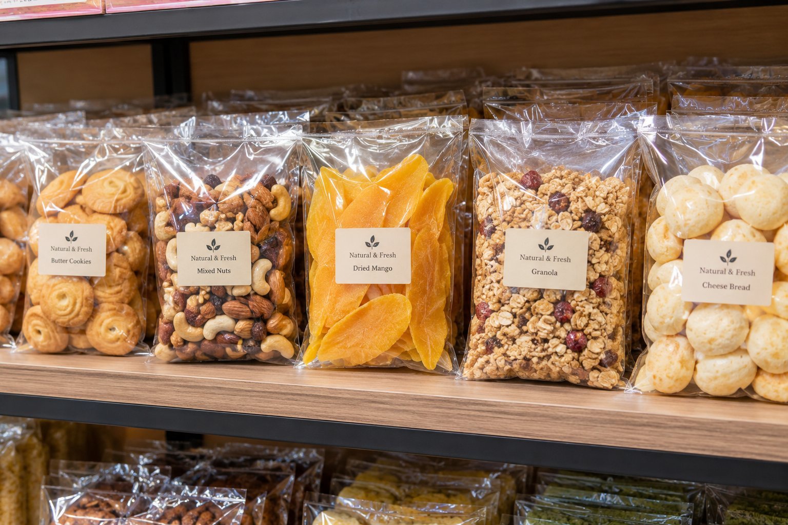 аккуратно упакованная в БОПП пакеты продукция на полке